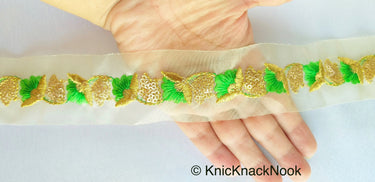Gold Sheer Trim In Gold And Blue / Green Floral Embroidery And Gold Sequins Embellishment, Approx. 45mm Wide - 210119L135 / 36